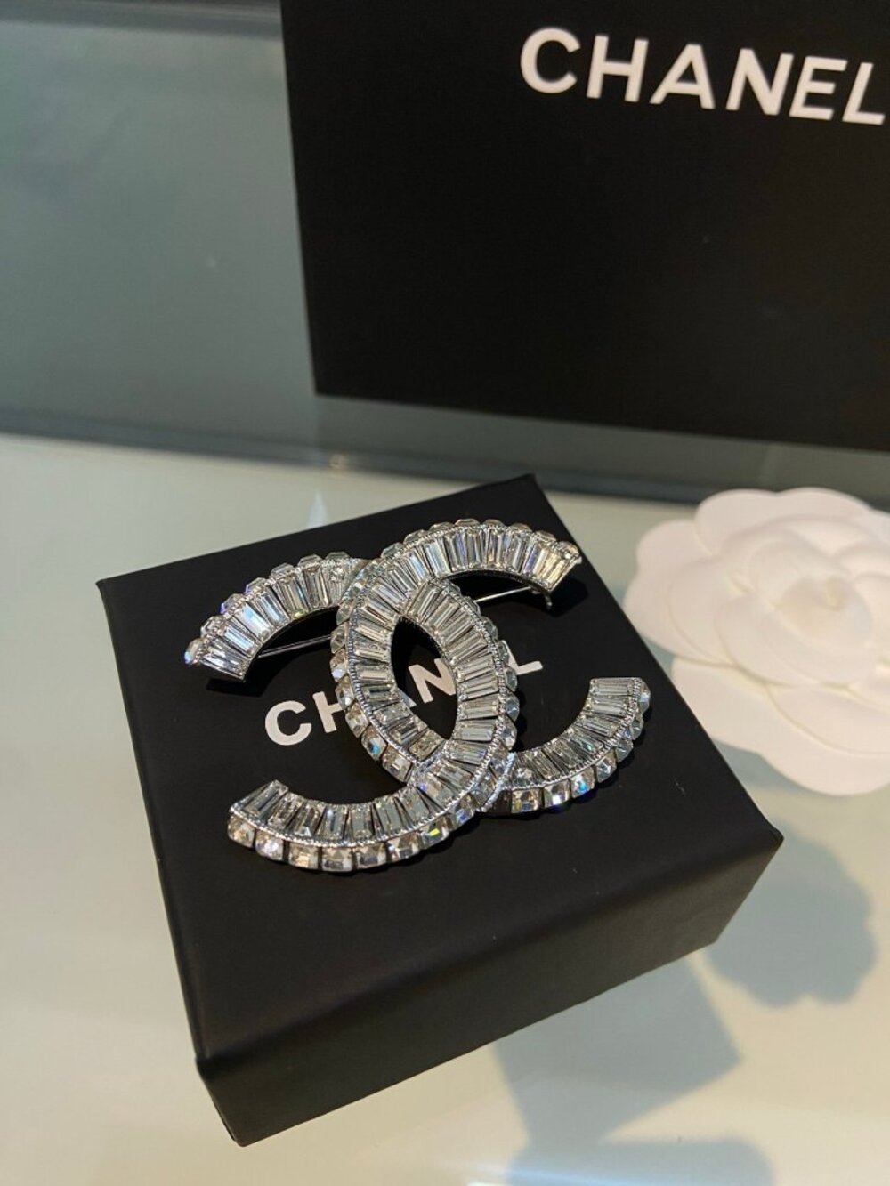 Chanel Silver-Tone Baguette Crystal CC Brooch Pin